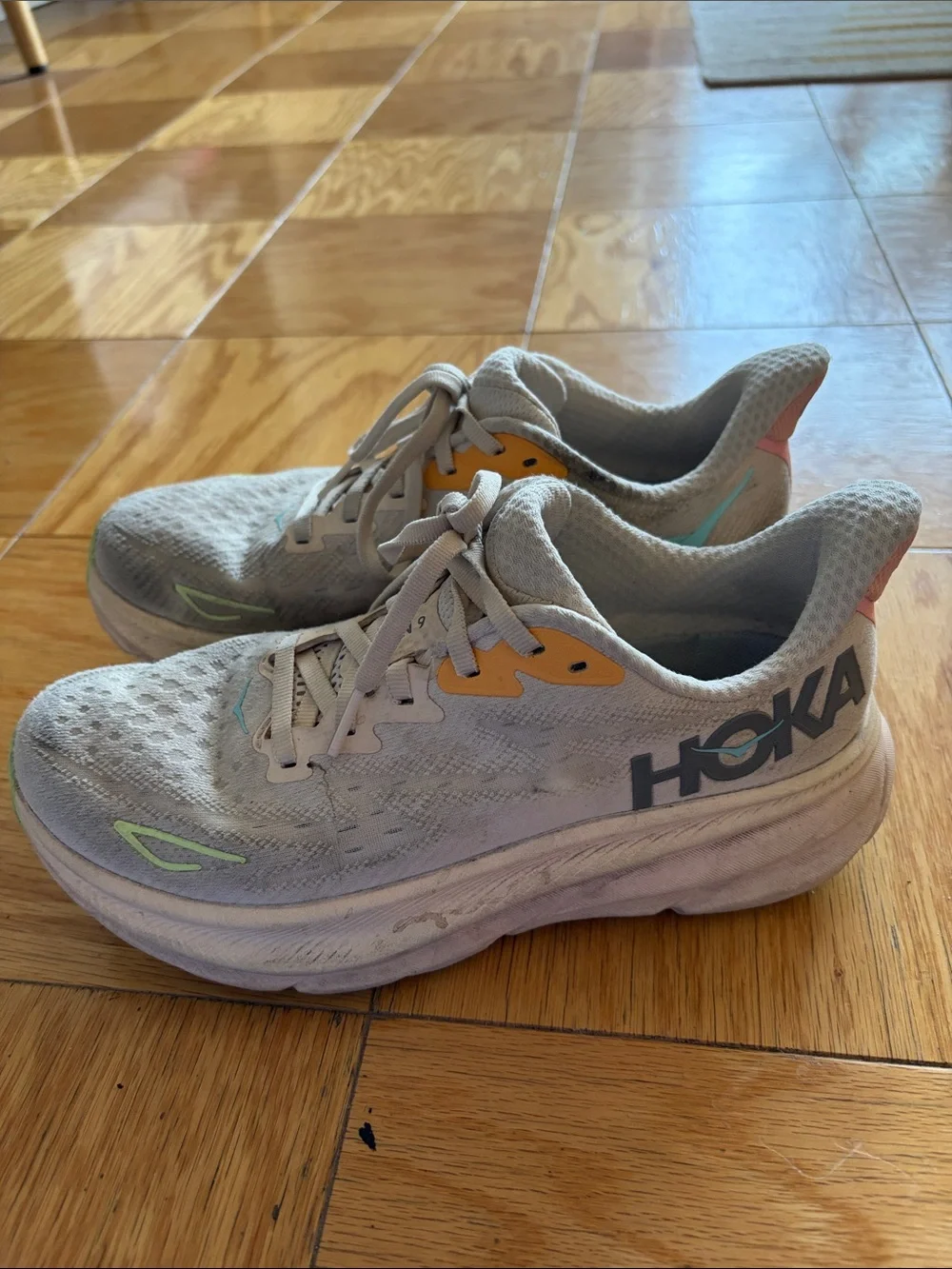 Hoka Light Gray Sneakers with Yellow & Mint Accents - Picture 2 of 4